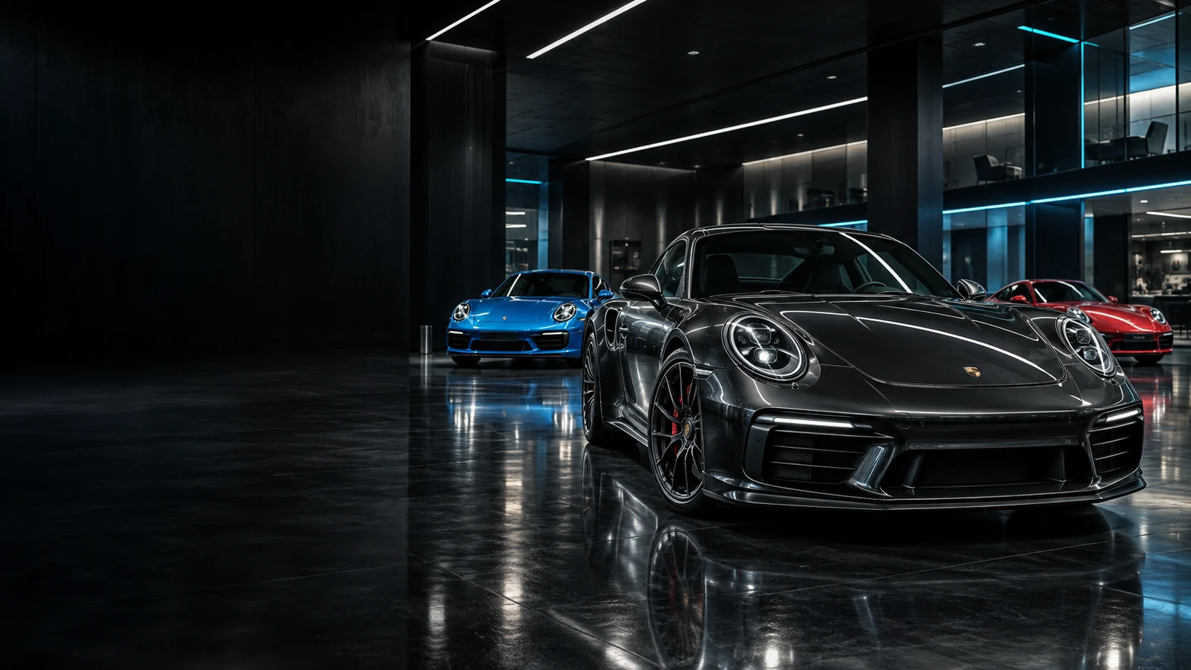 Cena ilustrativa de carro esportivo em showroom